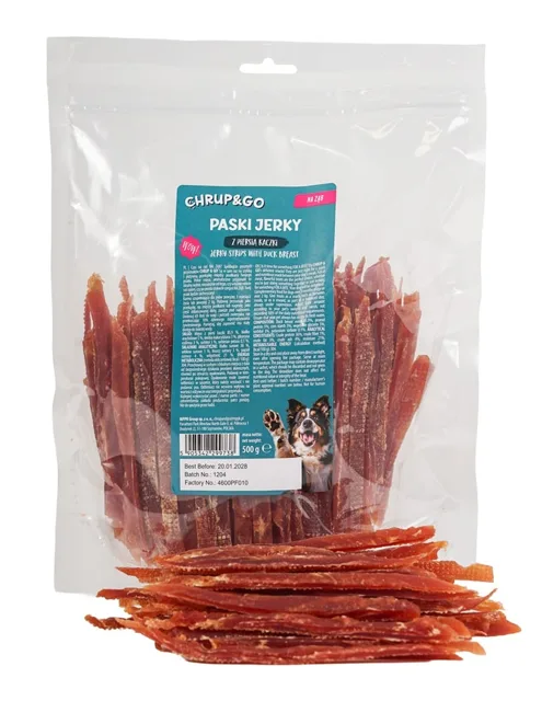 CHRUP&amp;GO Jerky Strips s kachními prsy 500g Psí pamlsek