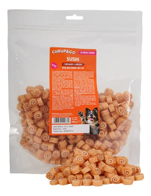 CHRUP&amp;GO Sushi s králíkem a treskou 500 g psí pamlsek