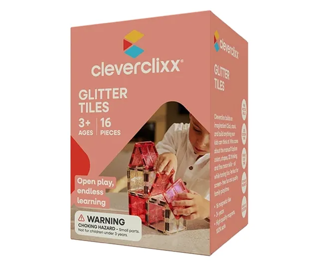 Cleverclixx Magnetická stavebnice Glitter Tiles Pack Transparent - růžové - 16 ks