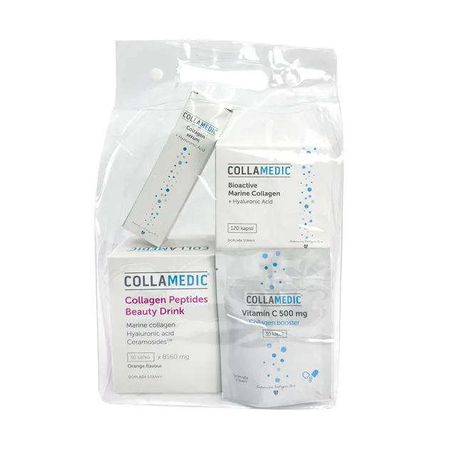 Collamedic sada 3v1 – kolagen nápoj 8000 mg, 30 ks + kapsle s kyselinou hyaluronovou, 120 ks + kolagenové sérum, 50 ml + ZDARMA vitamín C, 30 ks