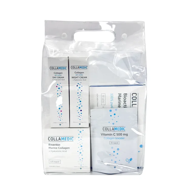 Collamedic sada – kolagen nápoj 5000 mg, 30 ks + kapsle s kyselinou hyaluronovou, 120 ks + denní a noční hydratační krém, 30 ml Hyalderma + ZDARMA vitamín C, 30 ks