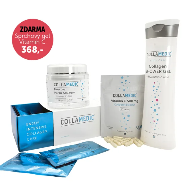 Collamedic set – kolagen nápoj 5000 mg, 30 ks + kapsle s kyselinou hyaluronovou, 120 ks + ZDARMA sprchový gel, 300 ml