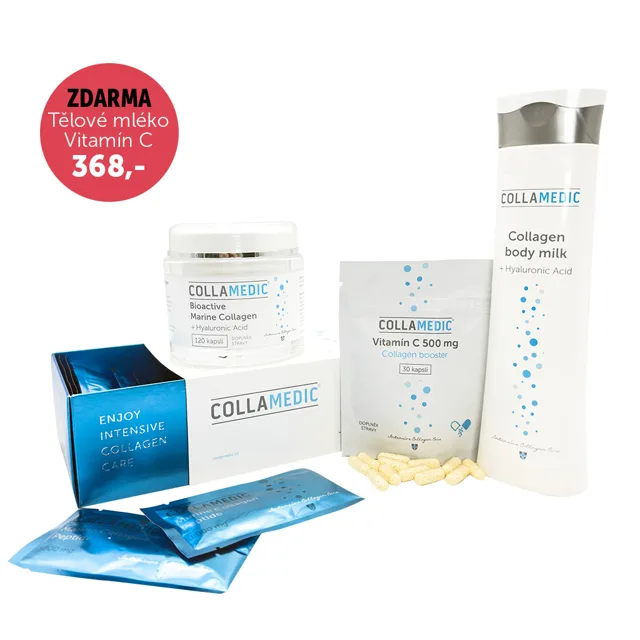 Collamedic set – kolagen nápoj 5000 mg, 30 ks + kapsle s kyselinou hyaluronovou, 120 ks + ZDARMA tělové mléko, 300 ml