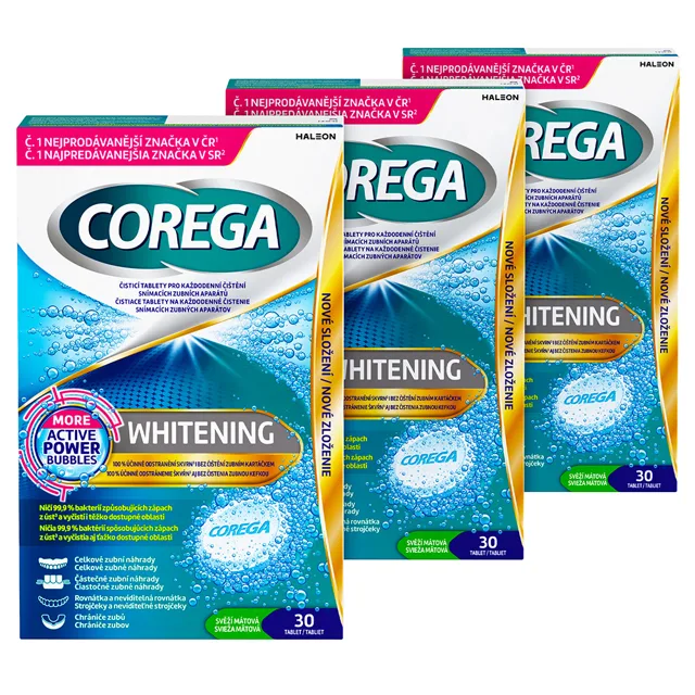 Corega Whitening antibakteriální tablety 3x30 ks
