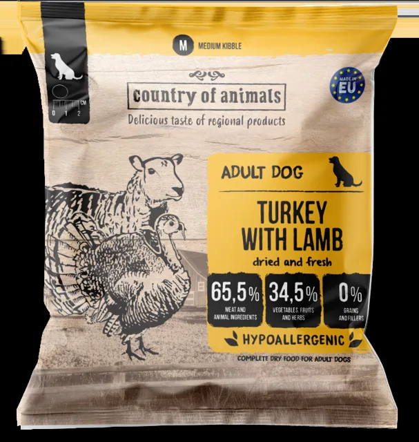 COUNTRY OF ANIMALS Turkey with Lamb M 50g krůta s jehněčím granule pro psy