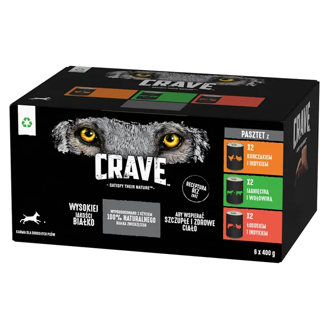 CRAVE konzerva 6x400 g - paštika s kuřecím a krůtím masem, s jehněčím a hovězím masem, s lososem a krůtím masem (bezobilné krmivo pro dospělé psy)