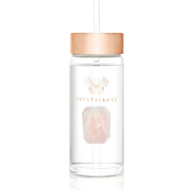Crystallove Amethyst Straw Water Bottle skleněná láhev na vodu s brčkem Rose 1 ks