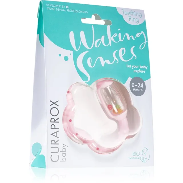 Curaprox Baby Waking Senses kousací kroužek s masážním kartáčkem a chrastítkem 1 ks