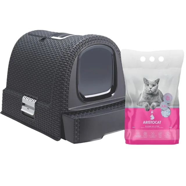 CURVER Toaleta pro kočky černá + ARISTOCAT PREMIUM silikonový kočkolit 3.8 l bez vůně