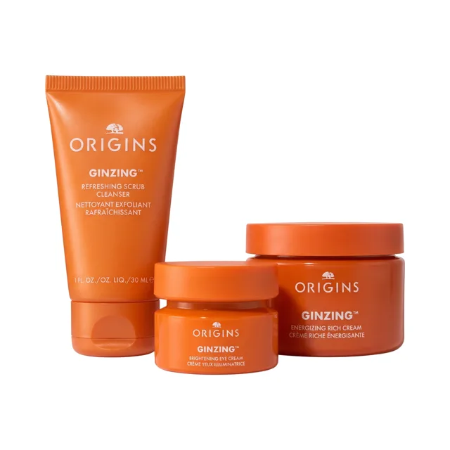 Dárková sada Origins GinZing, 3 ks – pleťový krém, oční krém a čisticí peeling (bez krabice)
