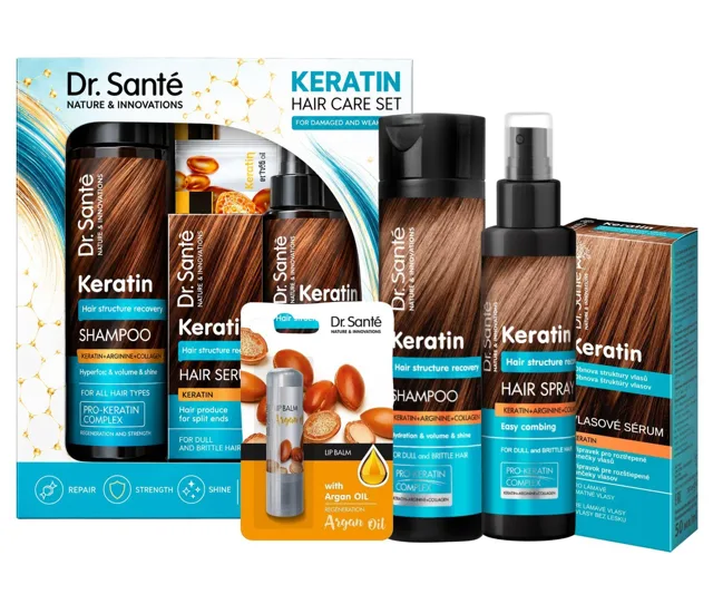 Dárková sada pro obnovu matných a křehkých vlasů Dr. Santé Keratin Hair Care Set + dárek zdarma