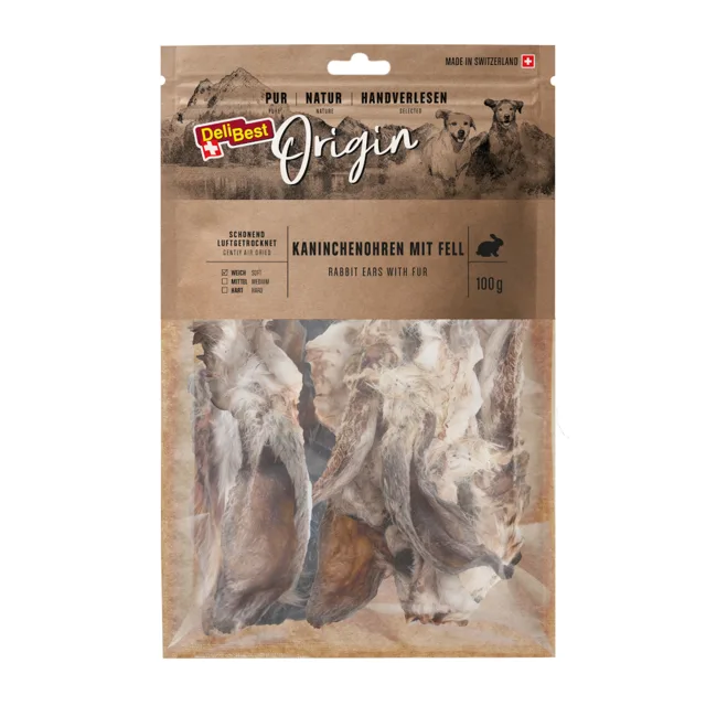 DeliBest Origin králičí uši s kožešinou - Výhodné balení: 2× 100 g