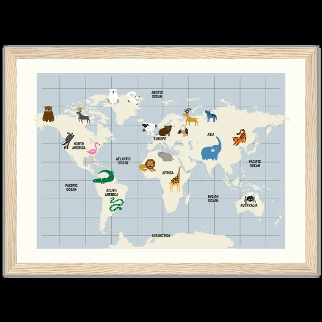 Dětský ilustrovaný plakát v rámu Horizontal - 21x29.7 cm / 8x12" / Wood frame / Map