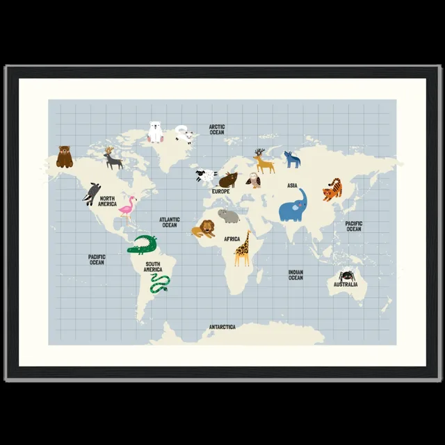 Dětský ilustrovaný plakát v rámu Horizontal - A3 (29.7 x 42  cm) / Black frame / Map