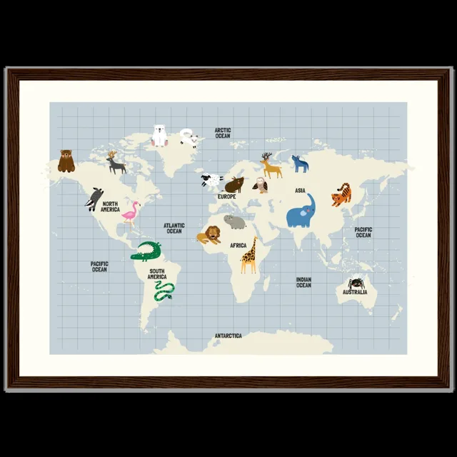 Dětský ilustrovaný plakát v rámu Horizontal - A3 (29.7 x 42  cm) / Dark wood frame / Map