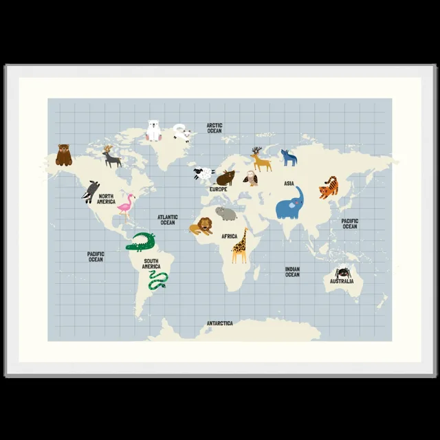 Dětský ilustrovaný plakát v rámu Horizontal - A3 (29.7 x 42  cm) / White frame / Map