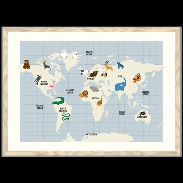 Dětský ilustrovaný plakát v rámu Horizontal - A3 (29.7 x 42  cm) / Wood frame / Map