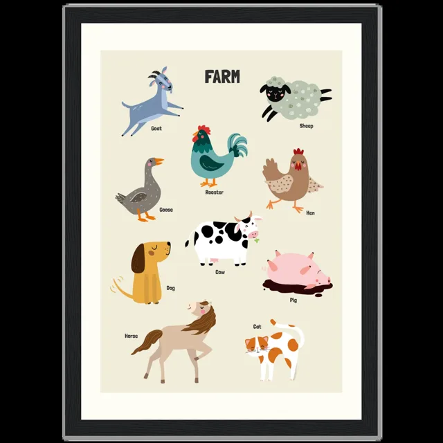 Dětský ilustrovaný plakát v rámu Vertical - 21x29.7 cm / 8x12" / Black frame / Farm