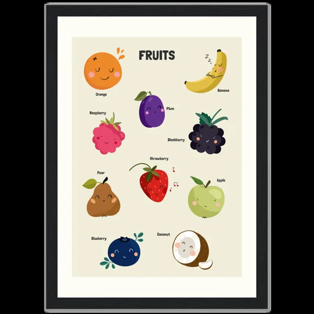 Dětský ilustrovaný plakát v rámu Vertical - 21x29.7 cm / 8x12" / Black frame / Fruits