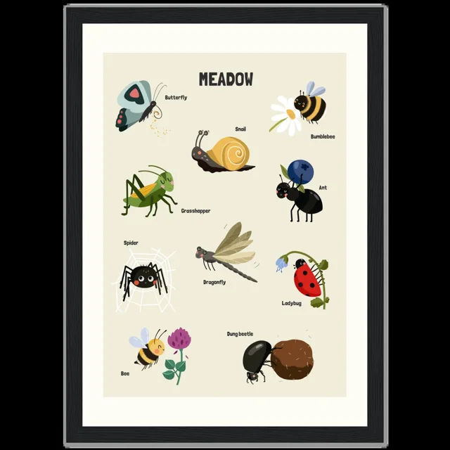 Dětský ilustrovaný plakát v rámu Vertical - 21x29.7 cm / 8x12" / Black frame / Meadow