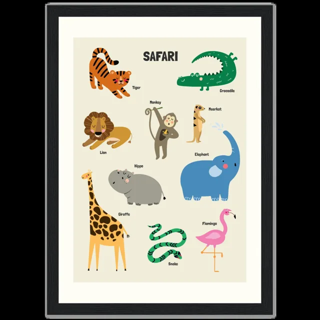 Dětský ilustrovaný plakát v rámu Vertical - 21x29.7 cm / 8x12" / Black frame / Safari
