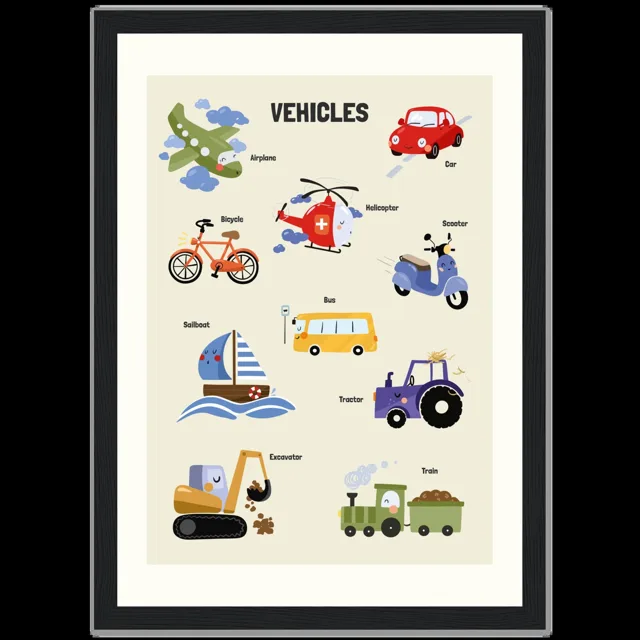 Dětský ilustrovaný plakát v rámu Vertical - 21x29.7 cm / 8x12" / Black frame / Vehicles