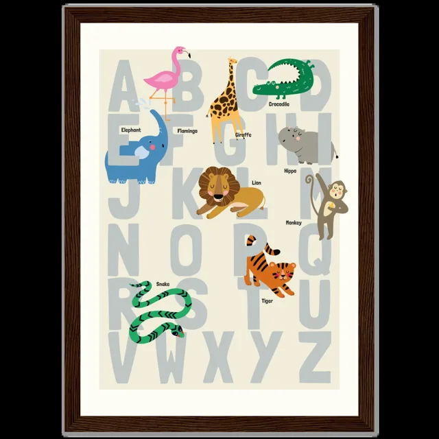 Dětský ilustrovaný plakát v rámu Vertical - 21x29.7 cm / 8x12" / Dark wood frame / Alphabet