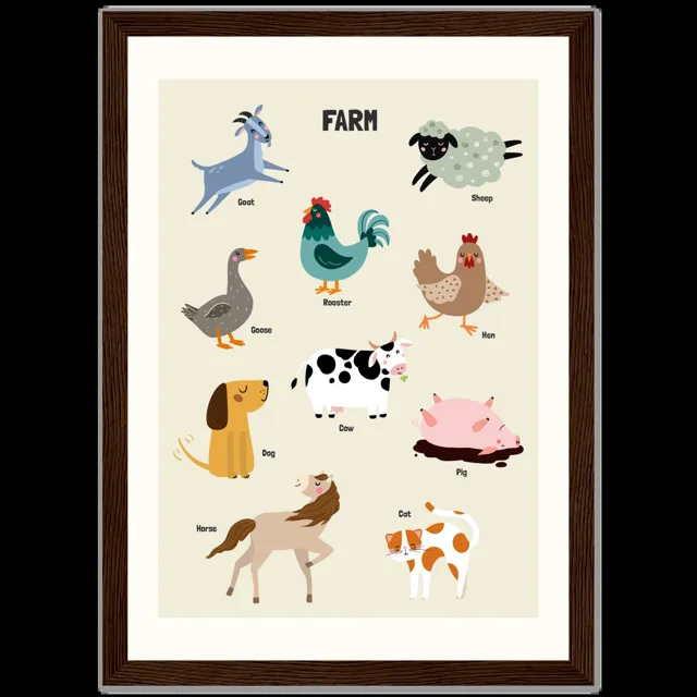 Dětský ilustrovaný plakát v rámu Vertical - 21x29.7 cm / 8x12" / Dark wood frame / Farm
