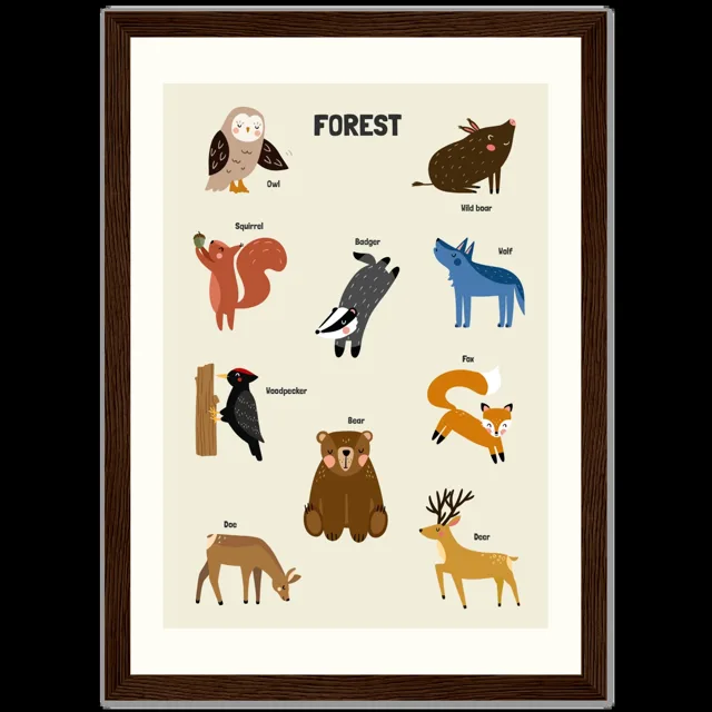Dětský ilustrovaný plakát v rámu Vertical - 21x29.7 cm / 8x12" / Dark wood frame / Forest