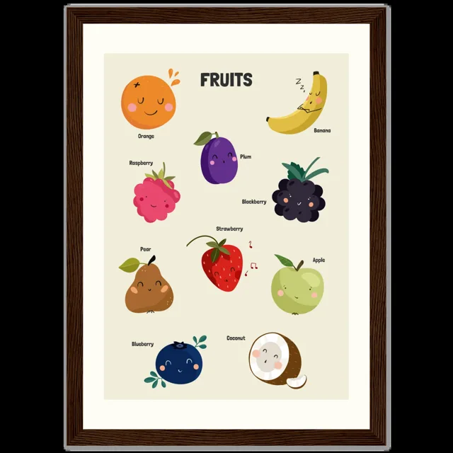 Dětský ilustrovaný plakát v rámu Vertical - 21x29.7 cm / 8x12" / Dark wood frame / Fruits