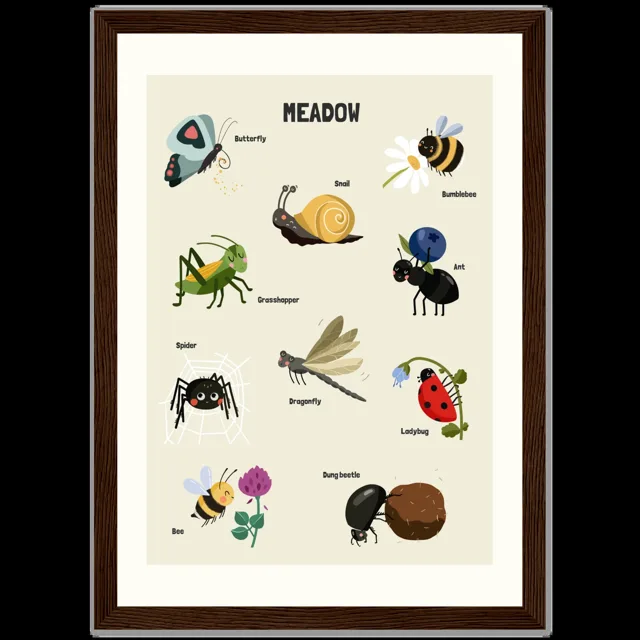 Dětský ilustrovaný plakát v rámu Vertical - 21x29.7 cm / 8x12" / Dark wood frame / Meadow