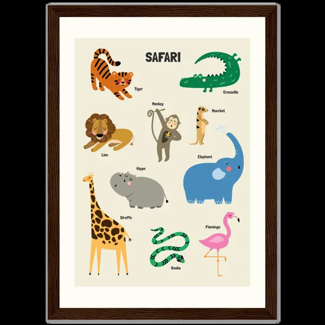 Dětský ilustrovaný plakát v rámu Vertical - 21x29.7 cm / 8x12" / Dark wood frame / Safari