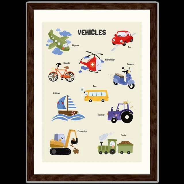 Dětský ilustrovaný plakát v rámu Vertical - 21x29.7 cm / 8x12" / Dark wood frame / Vehicles