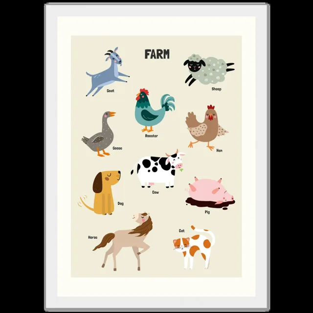 Dětský ilustrovaný plakát v rámu Vertical - 21x29.7 cm / 8x12" / White frame / Farm