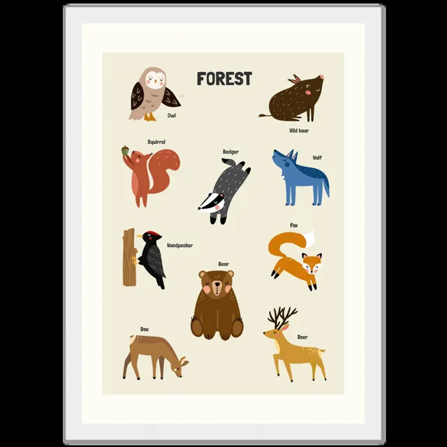 Dětský ilustrovaný plakát v rámu Vertical - 21x29.7 cm / 8x12" / White frame / Forest