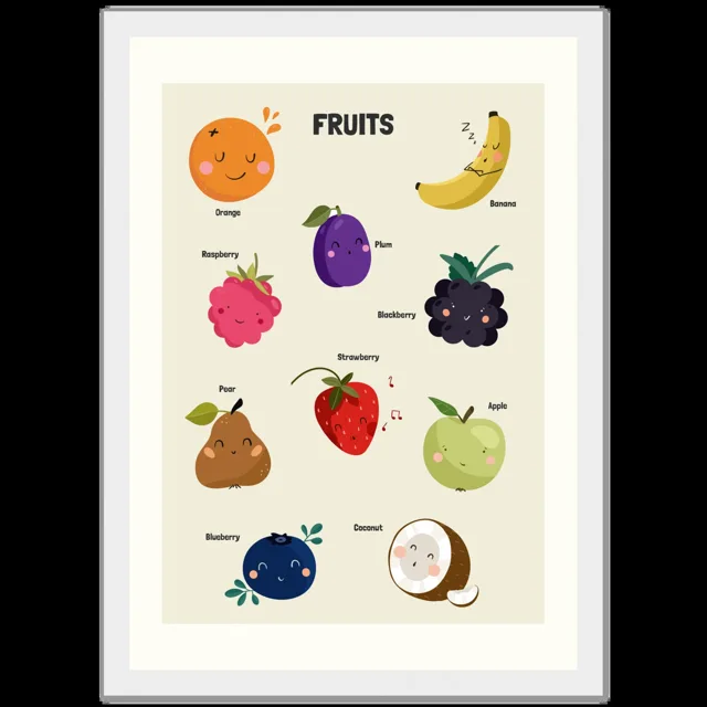 Dětský ilustrovaný plakát v rámu Vertical - 21x29.7 cm / 8x12" / White frame / Fruits