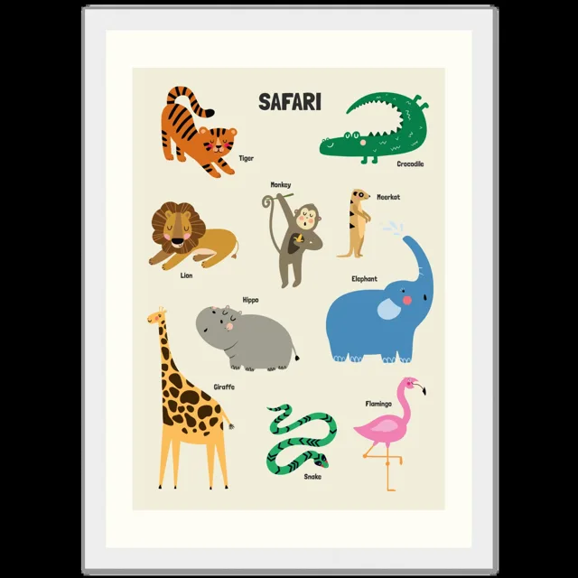 Dětský ilustrovaný plakát v rámu Vertical - 21x29.7 cm / 8x12" / White frame / Safari