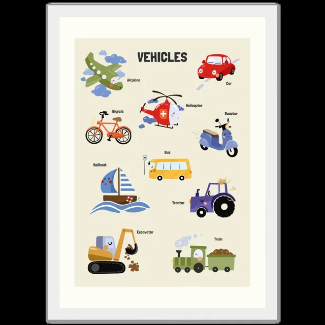 Dětský ilustrovaný plakát v rámu Vertical - 21x29.7 cm / 8x12" / White frame / Vehicles