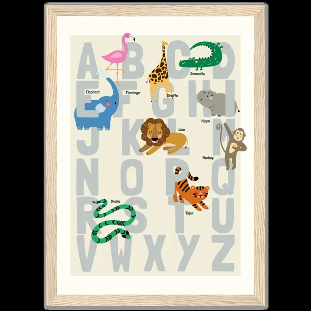 Dětský ilustrovaný plakát v rámu Vertical - 21x29.7 cm / 8x12" / Wood frame / Alphabet