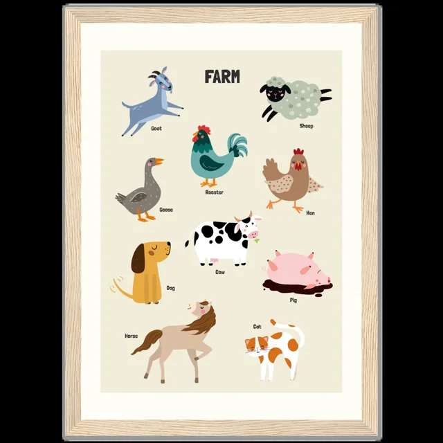 Dětský ilustrovaný plakát v rámu Vertical - 21x29.7 cm / 8x12" / Wood frame / Farm