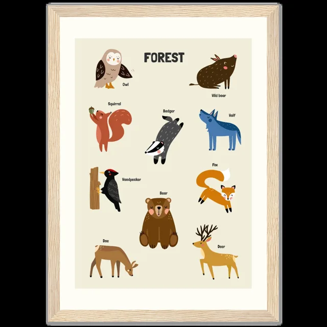 Dětský ilustrovaný plakát v rámu Vertical - 21x29.7 cm / 8x12" / Wood frame / Forest