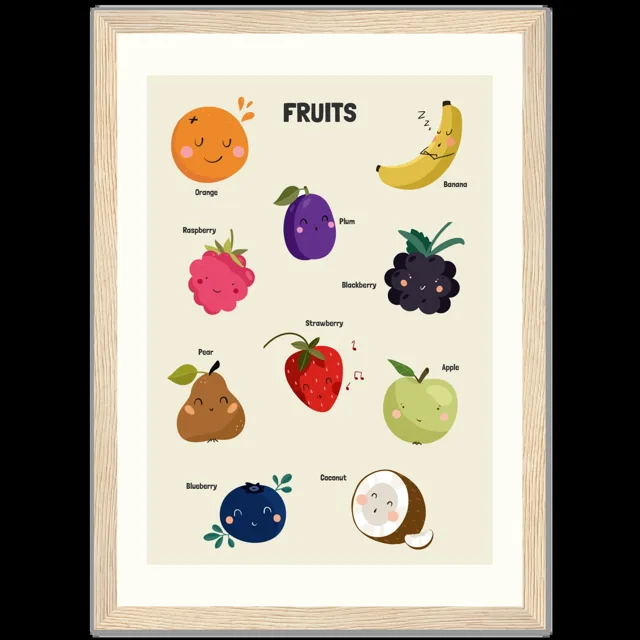 Dětský ilustrovaný plakát v rámu Vertical - 21x29.7 cm / 8x12" / Wood frame / Fruits