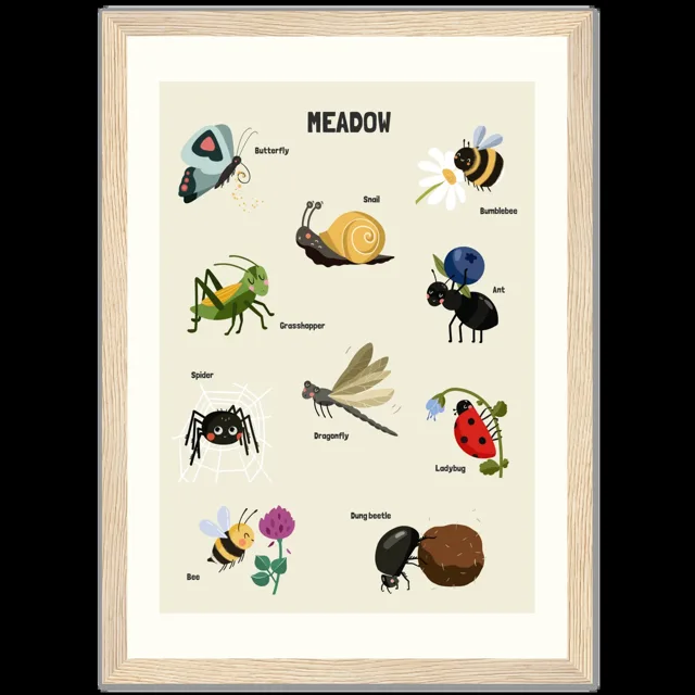 Dětský ilustrovaný plakát v rámu Vertical - 21x29.7 cm / 8x12" / Wood frame / Meadow