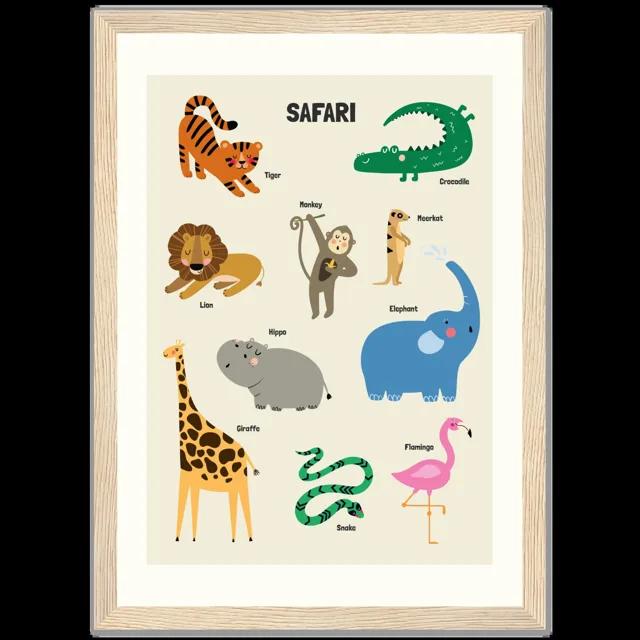 Dětský ilustrovaný plakát v rámu Vertical - 21x29.7 cm / 8x12" / Wood frame / Safari