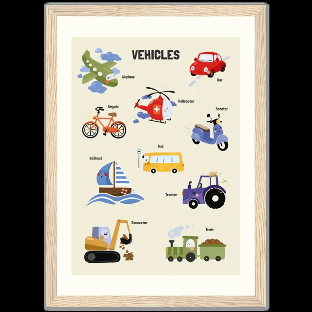 Dětský ilustrovaný plakát v rámu Vertical - 21x29.7 cm / 8x12" / Wood frame / Vehicles
