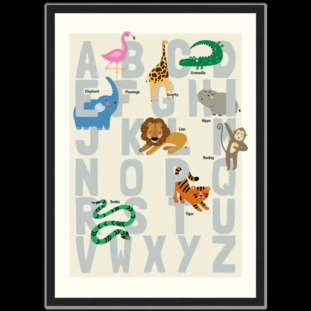 Dětský ilustrovaný plakát v rámu Vertical - A3 (29.7 x 42  cm) / Black frame / Alphabet