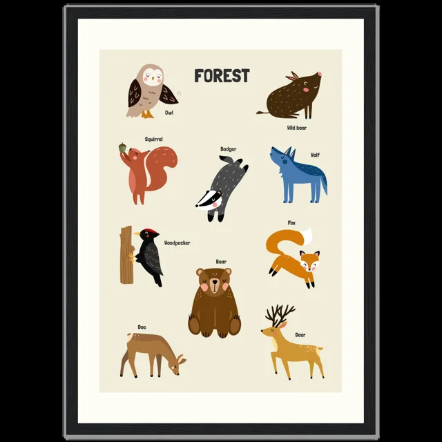 Dětský ilustrovaný plakát v rámu Vertical - A3 (29.7 x 42  cm) / Black frame / Forest