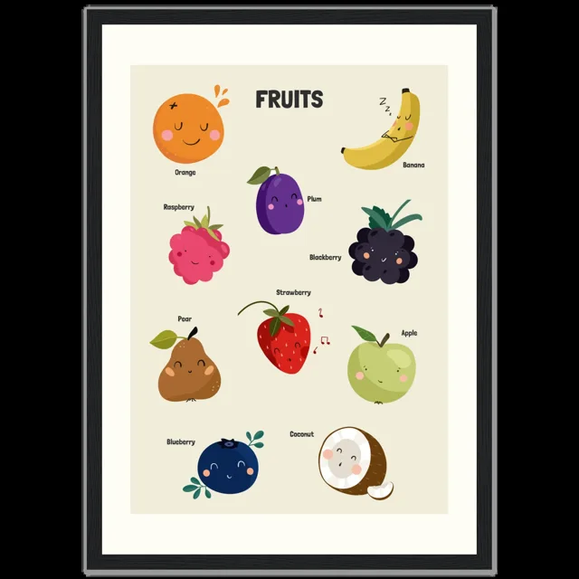 Dětský ilustrovaný plakát v rámu Vertical - A3 (29.7 x 42  cm) / Black frame / Fruits