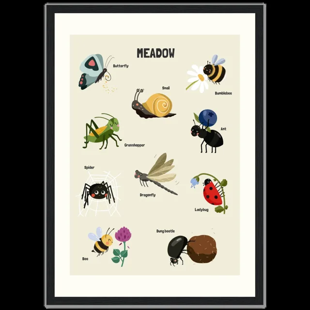 Dětský ilustrovaný plakát v rámu Vertical - A3 (29.7 x 42  cm) / Black frame / Meadow