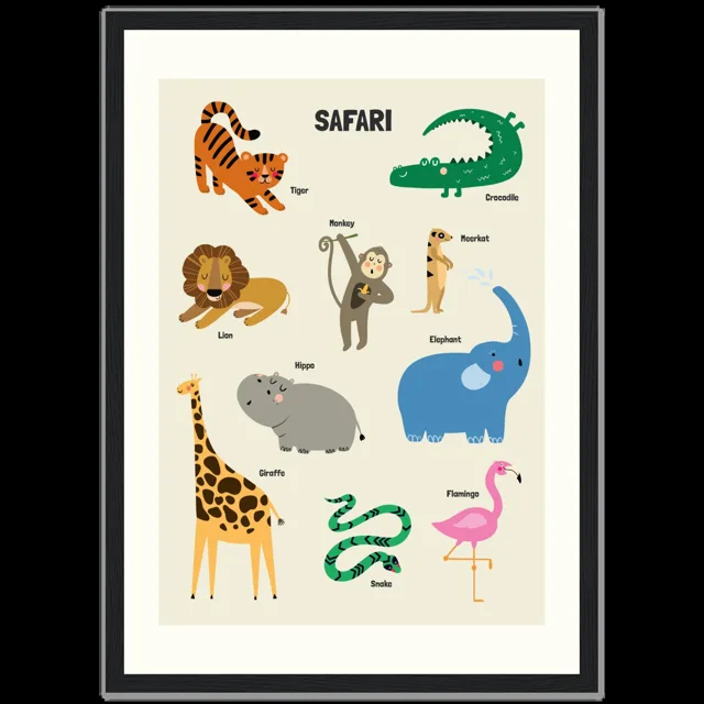 Dětský ilustrovaný plakát v rámu Vertical - A3 (29.7 x 42  cm) / Black frame / Safari